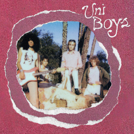 Album cover with a group of people sitting on a swing, featuring the text 'Uni Boys' on a pink background.