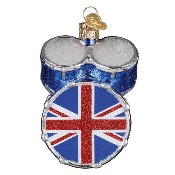 Back view of drum kit ornament with sparkling Union Jack design