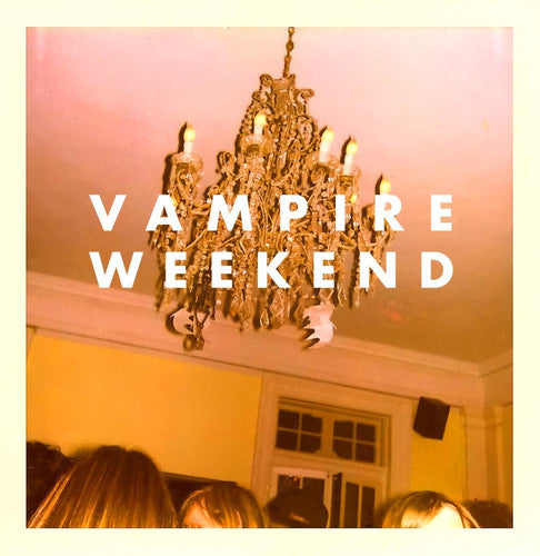 Album cover art for Vampire Weekend featuring a photo of a chandelier with the band's name and album title 'Vampire Weekend' prominently displayed.
