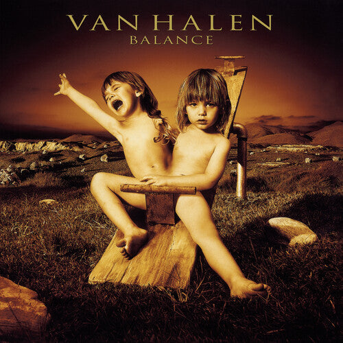 Van Halen Balance album cover featuring two children on a seesaw in a surreal landscape