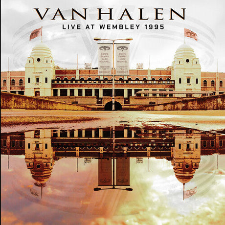 Van Halen Live at Wembley 1995 album cover featuring Wembley Stadium with its iconic towers and a reflection in the water