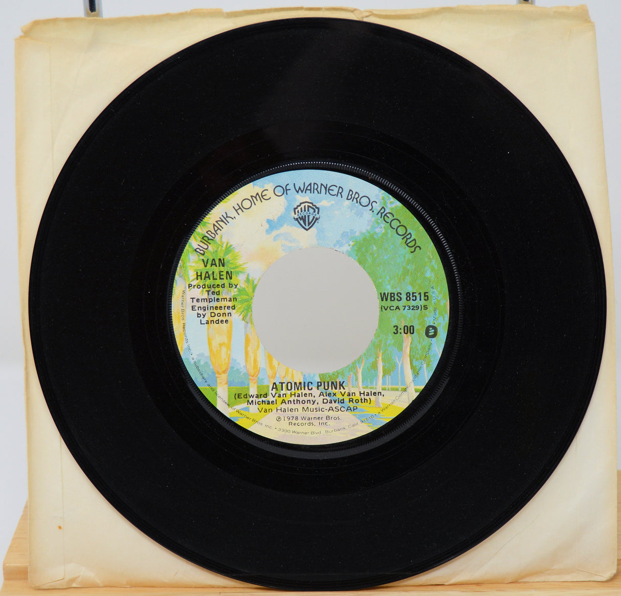 Vinyl record with a colorful label on a white background