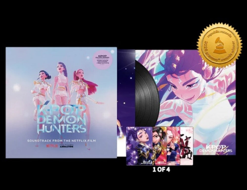 Vinyl record set with 'Kpop Demon Hunters' soundtrack packaging, including cover art and award emblem.