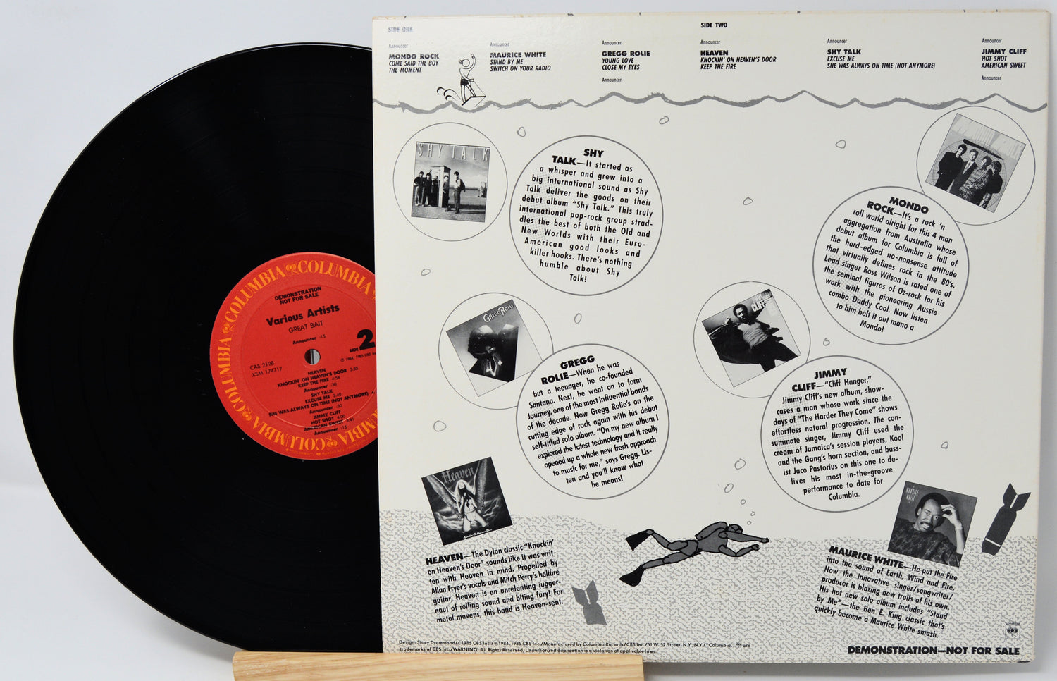 Vinyl record with its cover displaying text and images on a white background