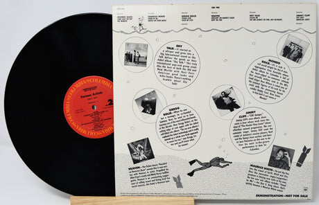 Vinyl record with its cover displaying text and images on a white background