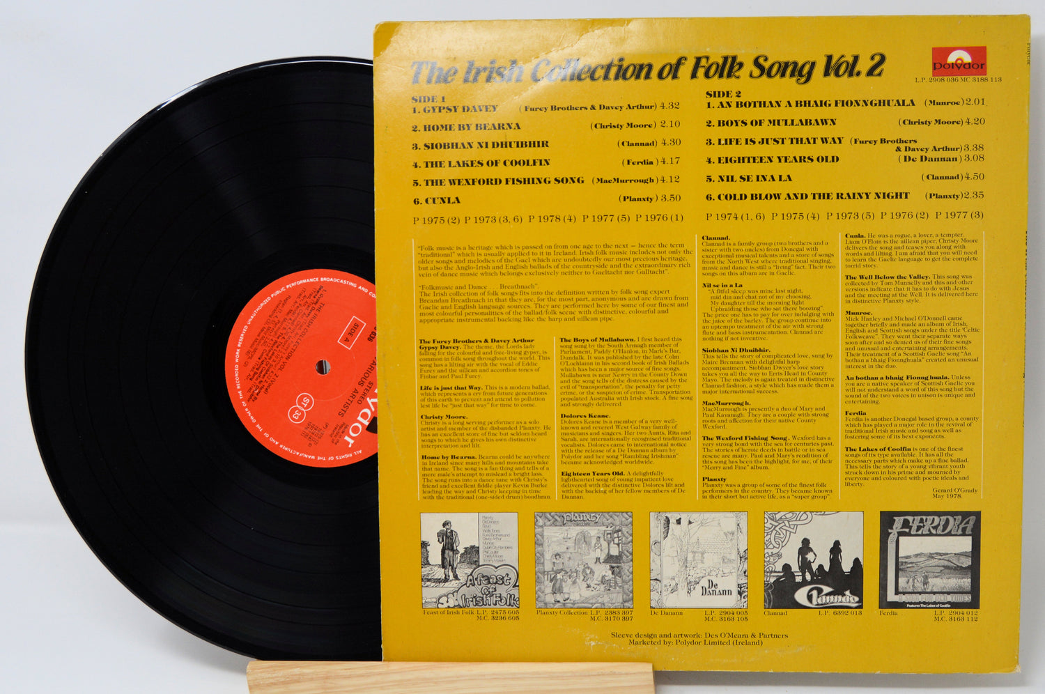 Vinyl record with yellow label titled 'The Irish Collection of Folk Song Vol. 2' on a white background