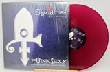 Vinyl record with red disc and Squid Hat Records packaging on a white background