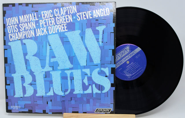 Vinyl record and cover titled 'Raw Blues' featuring John Mayall, Eric Clapton, and others.