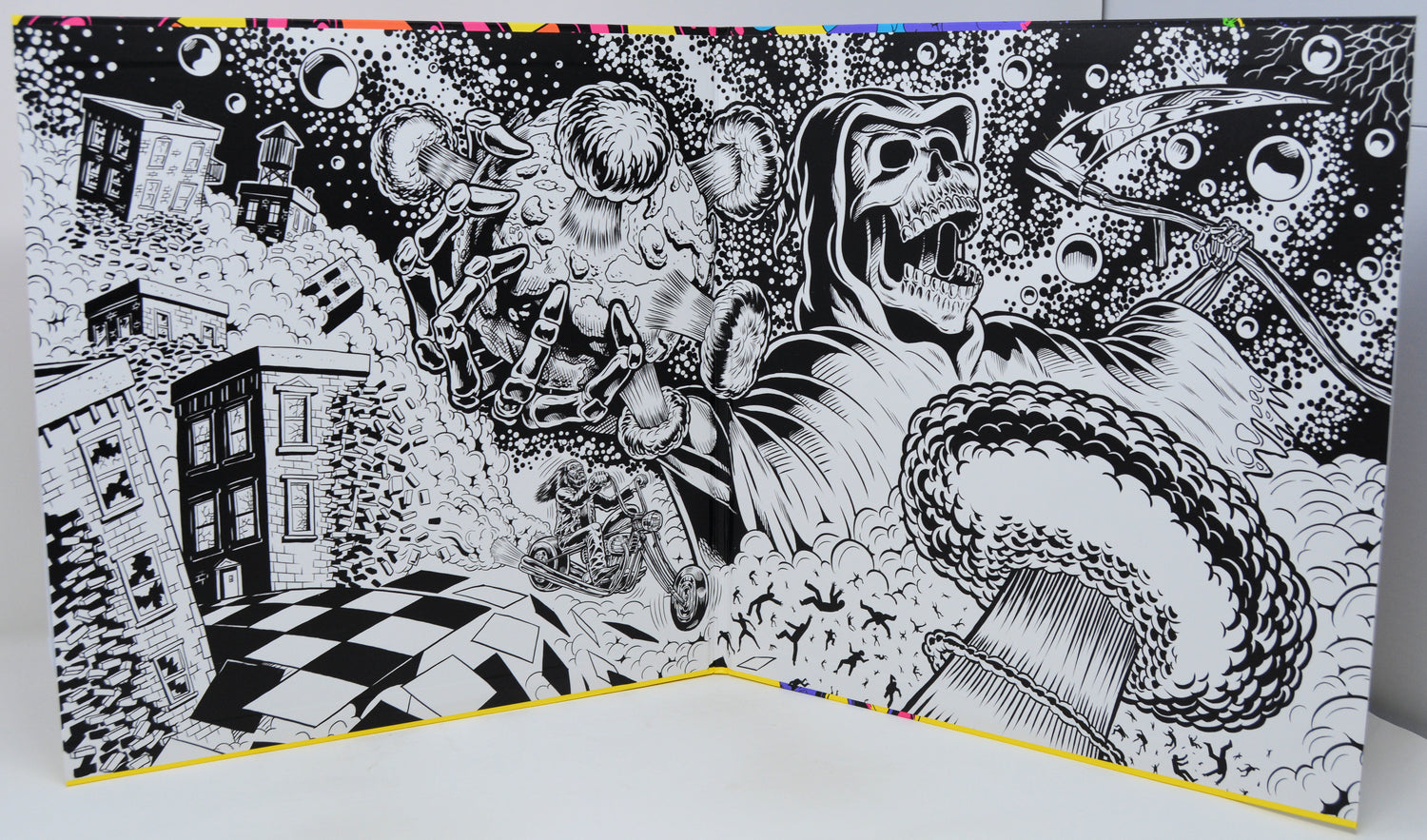 Illustration of a skeleton in a hooded cloak with a snake, surrounded by buildings and abstract elements.