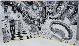 Illustration of a skeleton in a hooded cloak with a snake, surrounded by buildings and abstract elements.