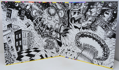 Illustration of a skeleton in a hooded cloak with a snake, surrounded by buildings and abstract elements.