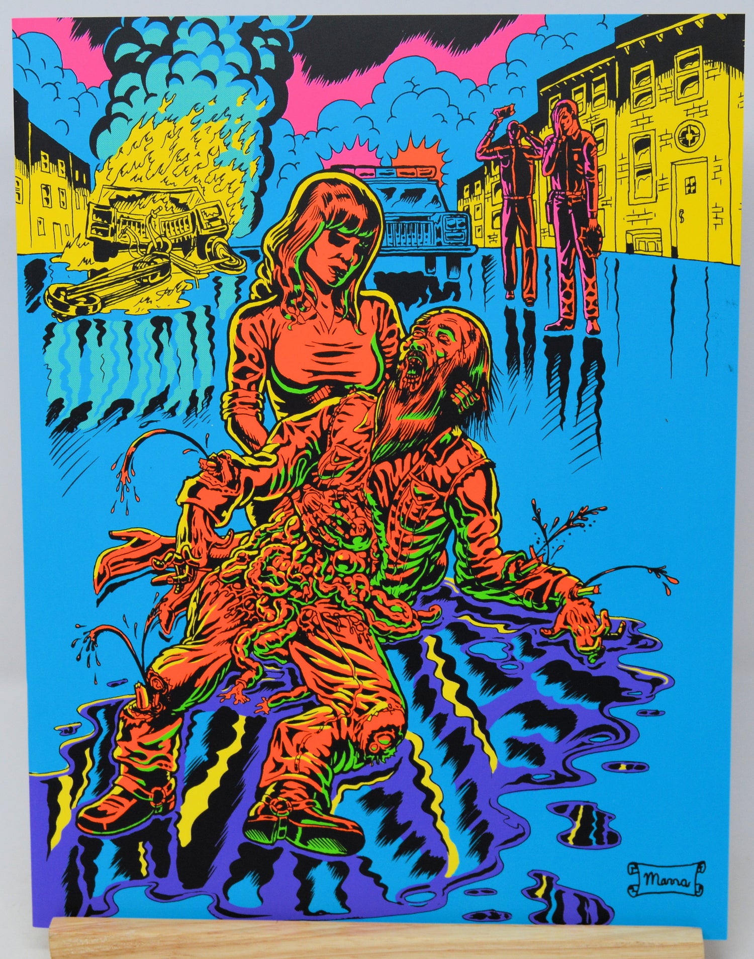 Colorful artwork of a woman holding a child with a cityscape background