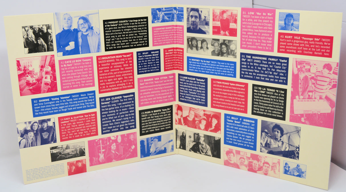 Colorful album cover with text and black and white photos on a white background