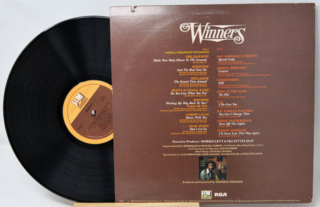 Vinyl record with brown cover displaying tracklist and album details.