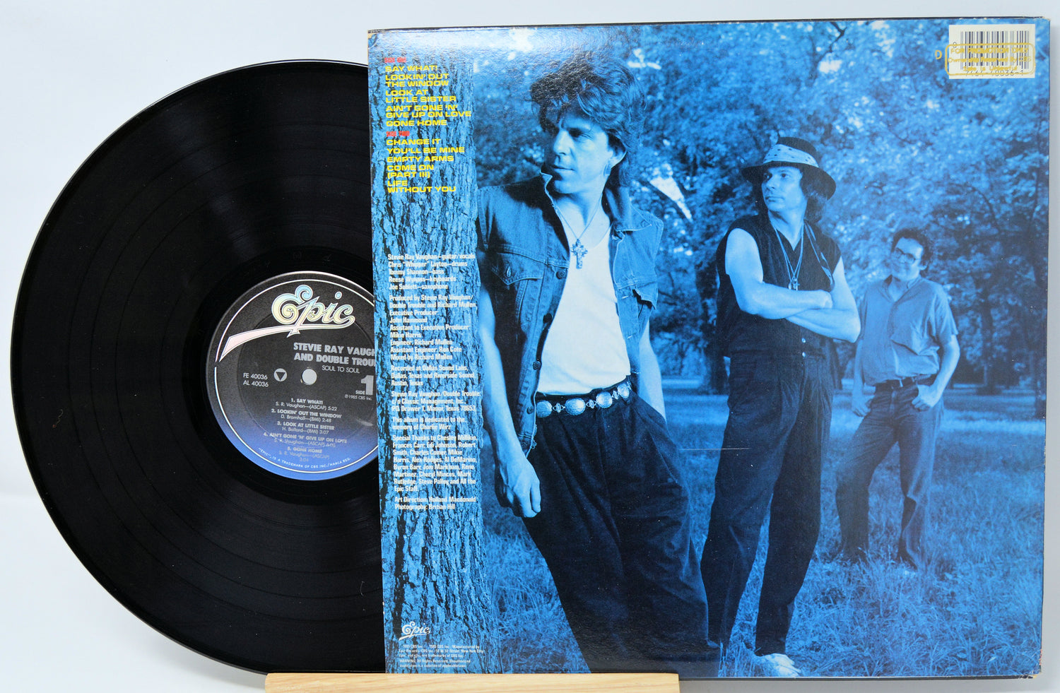 Vinyl record with a blue and white cover featuring three people in a park.