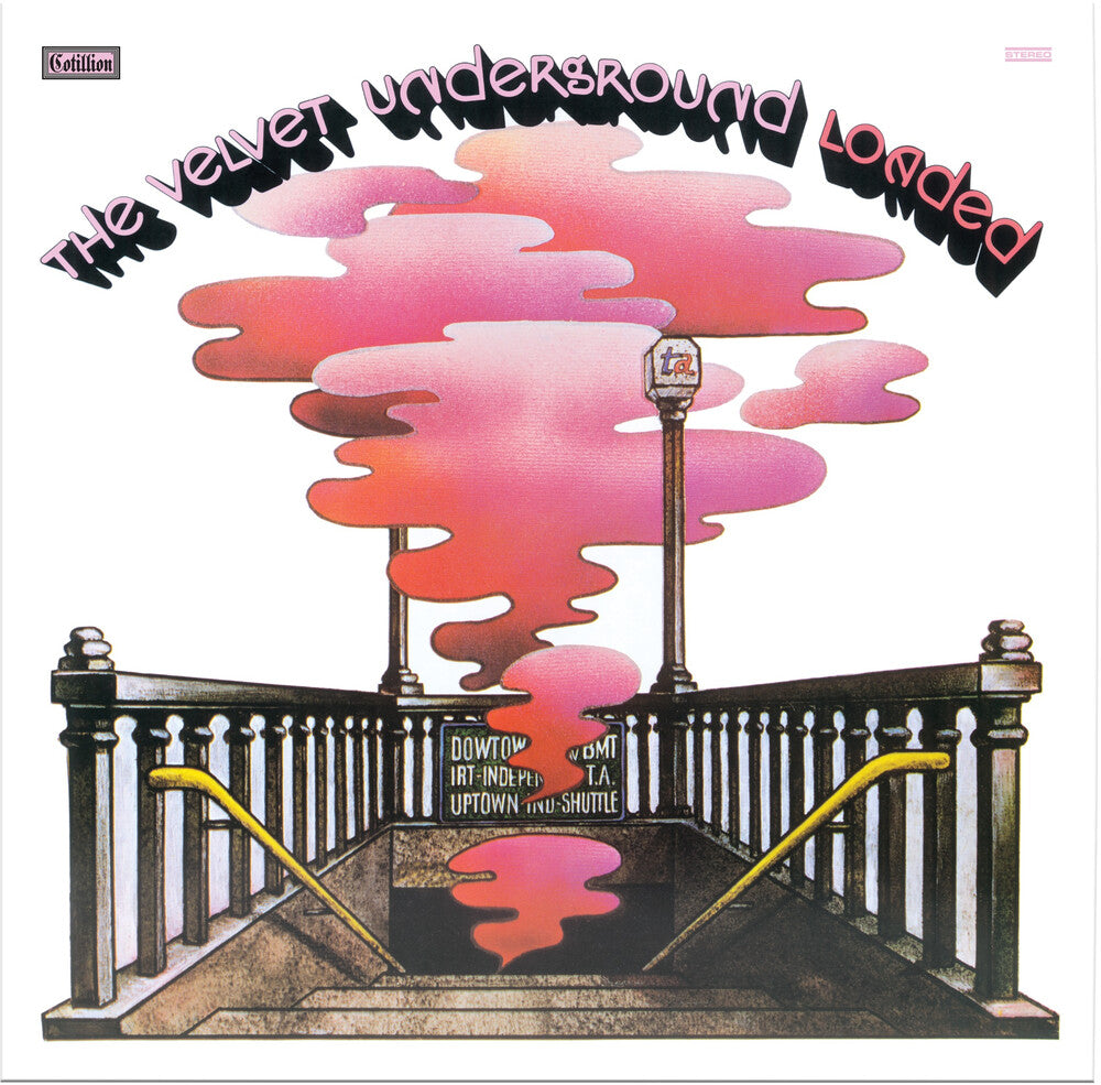 Album cover of 'The Velvet Underground Loaded' with a stylized design of a subway entrance and pink cloud-like shapes.