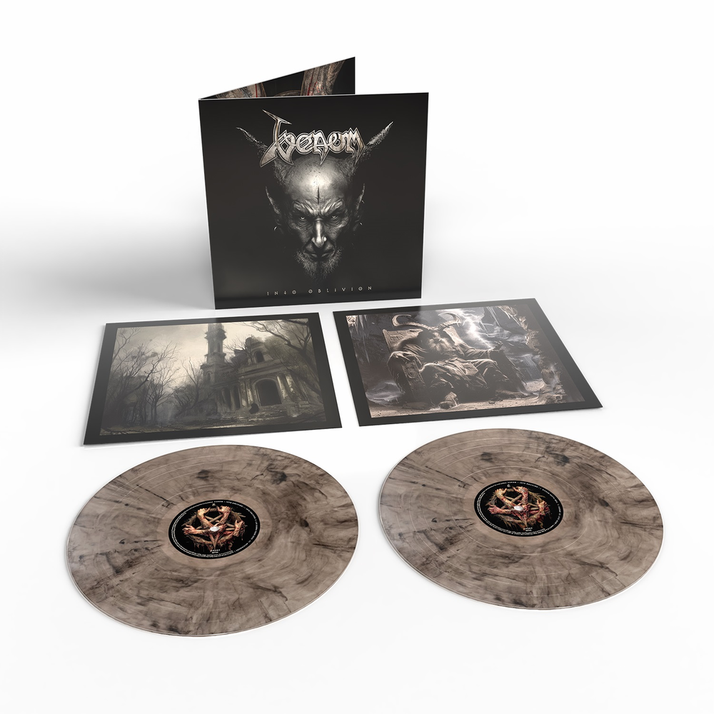Vinyl record set for 'Into Oblivion' by Venom with cover and artwork on a white background