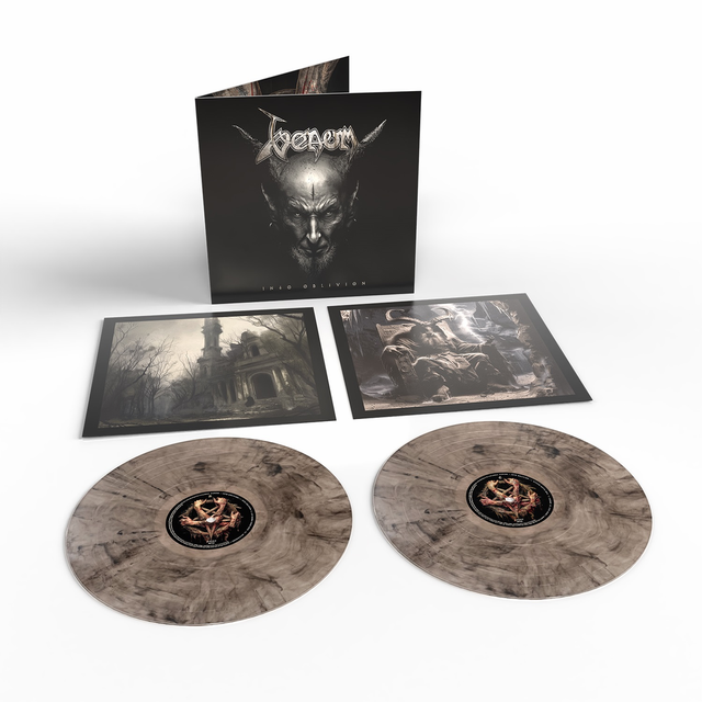 Vinyl record set for 'Into Oblivion' by Venom with cover and artwork on a white background
