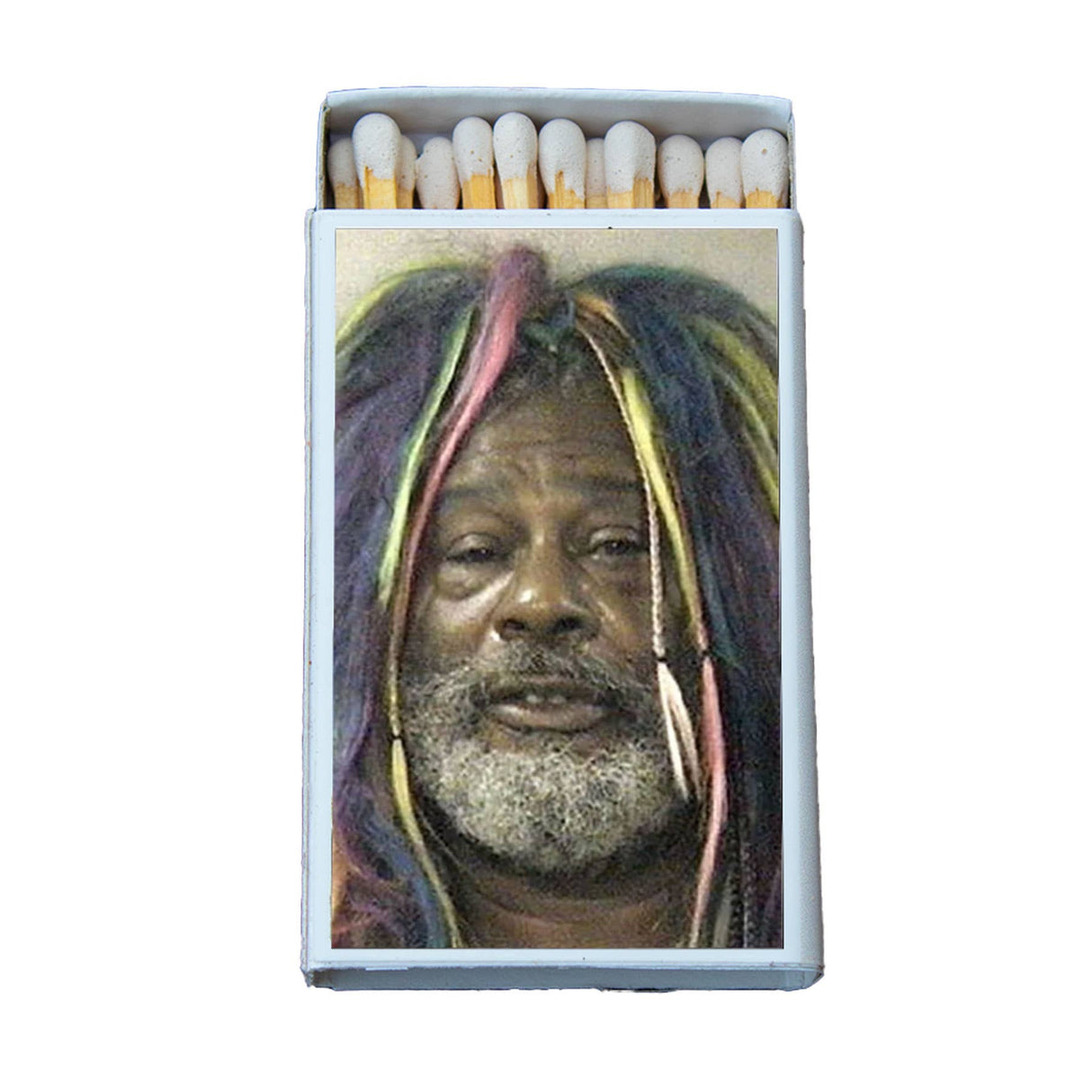 Box of matches featuring a colorful portrait of a man with rainbow dreadlocks and a gray beard