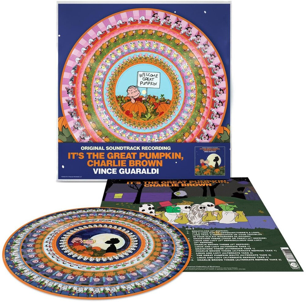 Vinyl record cover for 'It's the Great Pumpkin, Charlie Brown' with colorful design and text.