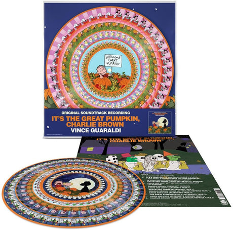 Vinyl record cover for 'It's the Great Pumpkin, Charlie Brown' with colorful design and text.