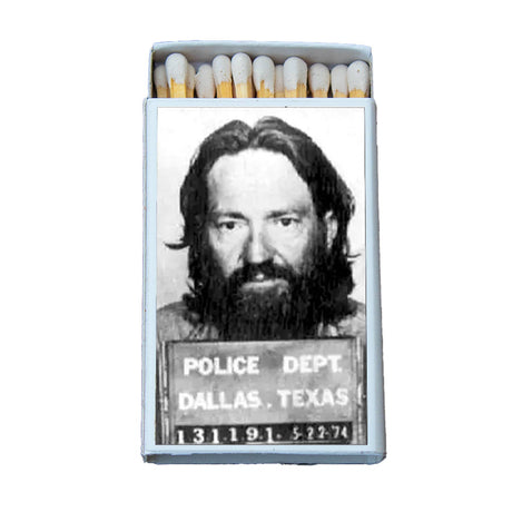 Novelty matchbox with vintage mugshot design on the front