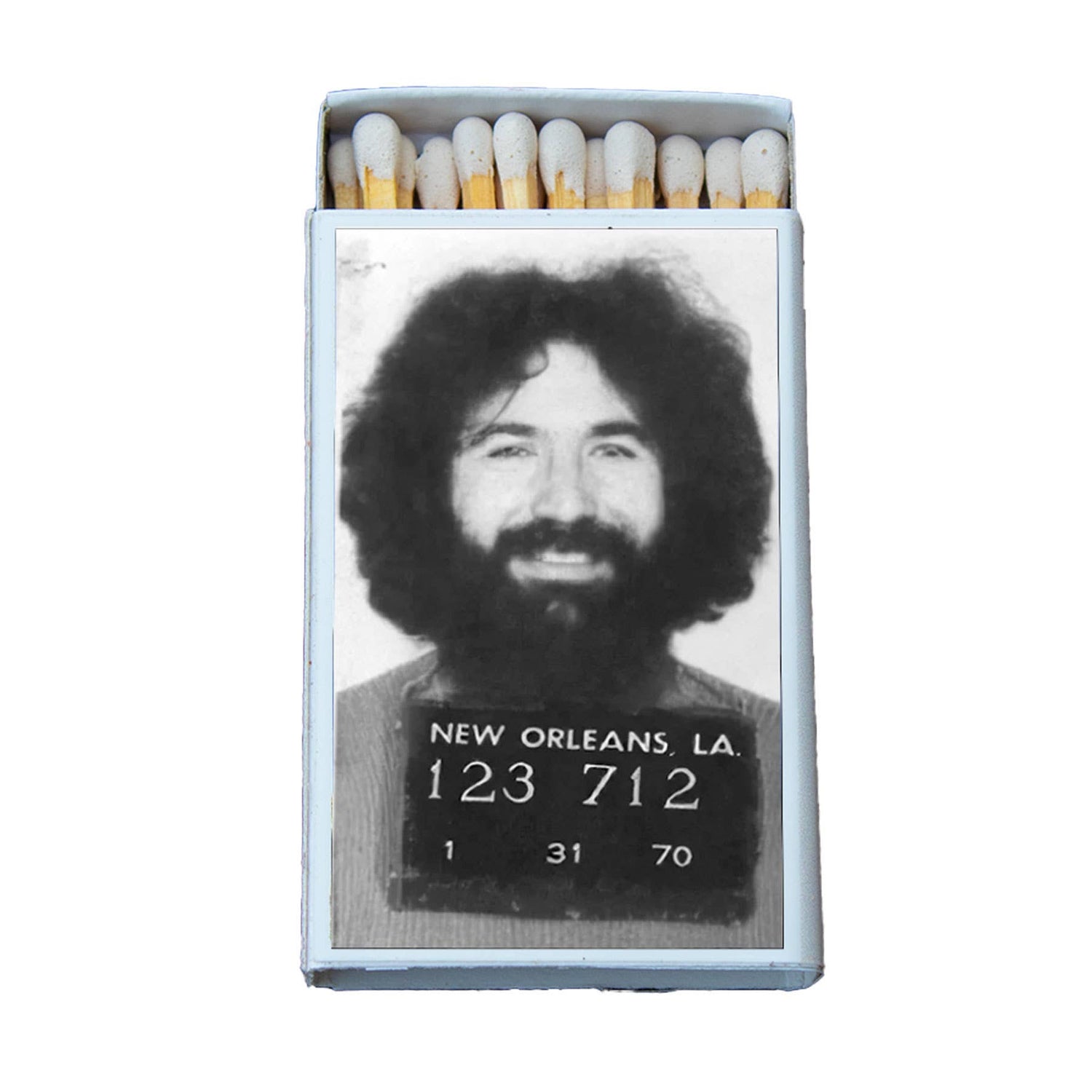 Open matchbox featuring a vintage mugshot photograph on the cover