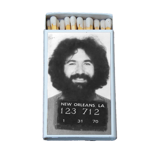 Open matchbox featuring a vintage mugshot photograph on the cover