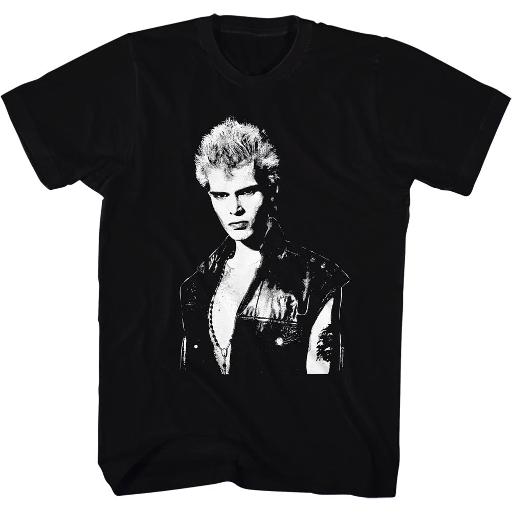 Black t-shirt with a bold, high-contrast graphic of a vintage punk rock icon wearing a leather vest