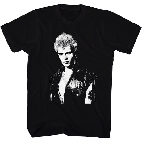 Black t-shirt with a bold, high-contrast graphic of a vintage punk rock icon wearing a leather vest