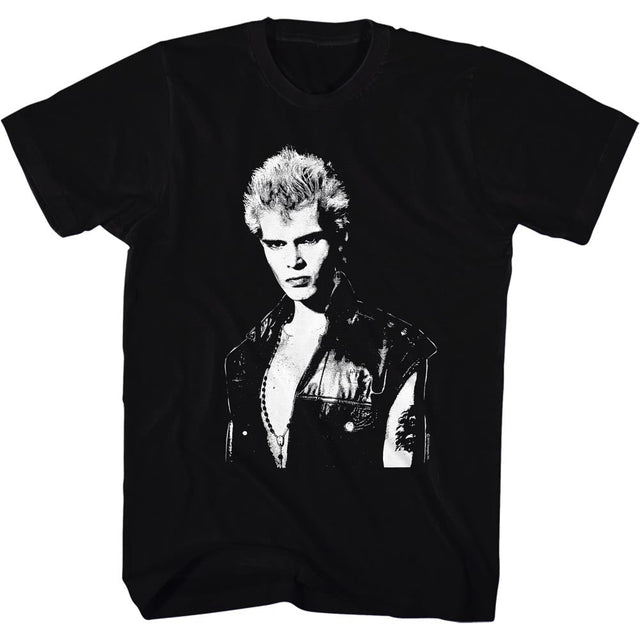 Black t-shirt with a bold, high-contrast graphic of a vintage punk rock icon wearing a leather vest