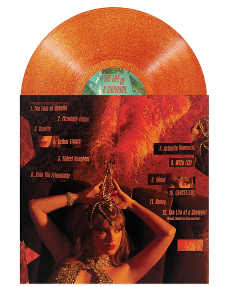 Back cover of The Life of a Showgirl vinyl displaying full tracklist and showgirl artwork.