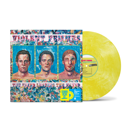 Vinyl record with colorful cover featuring three portraits and a yellow disc.