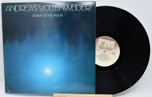 Vinyl record with blue cover and 'Down to the Moon' text, featuring the label 'FM'.