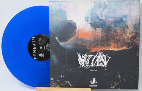 Front cover and blue vinyl of WILT's 'Beneath' LP with dramatic album art