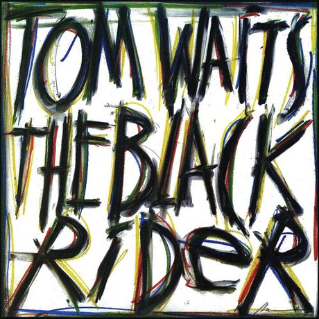 A colorful abstract painting that resembles a logo or band name, with the text 'THE BLACK RIDER' prominently displayed.