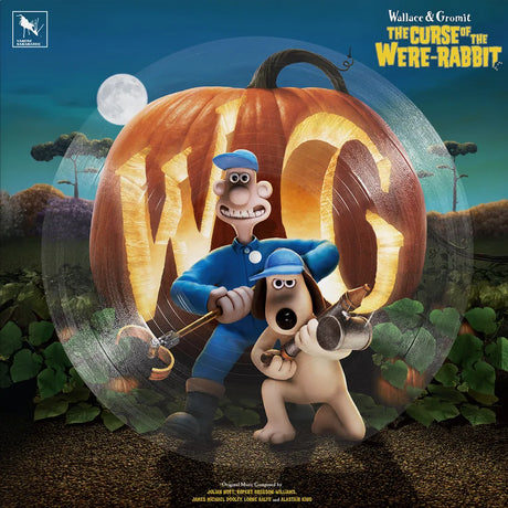 The Curse of the Were-Rabbit album cover artwork featuring Wallace and Gromit in front of a giant carved pumpkin with the words 'W.G' inside, under a full moon and dark sky.