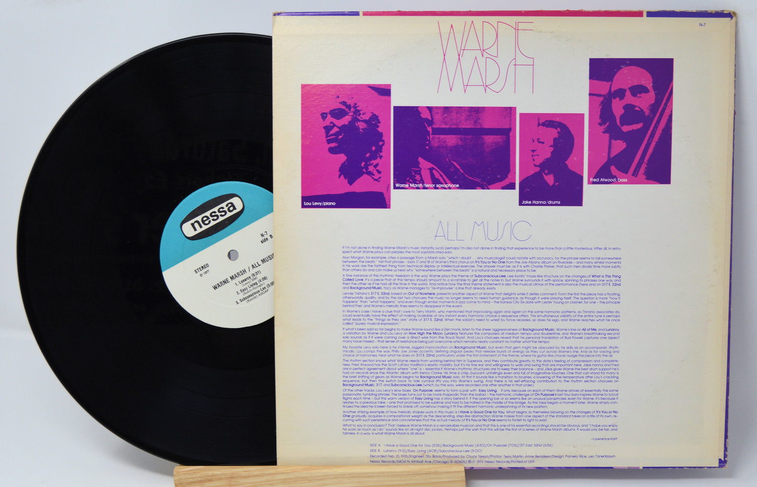 Back cover of Warne Marsh 'All Music' vinyl LP with artist and musician portraits