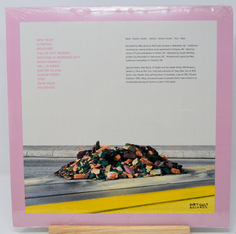 Vinyl record sleeve with colorful stones on a wooden surface and text on a pink border