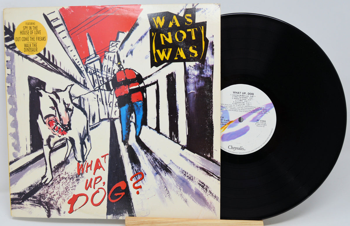A vinyl record and its illustrated album cover displayed side by side on a small wooden stand. The cover art features a stylized street scene with a person in a red jacket and blue pants standing next to a white dog, with the title 'WHAT UP, DOG?' in red text and 'WAS NOT WAS' in yellow text at the top.