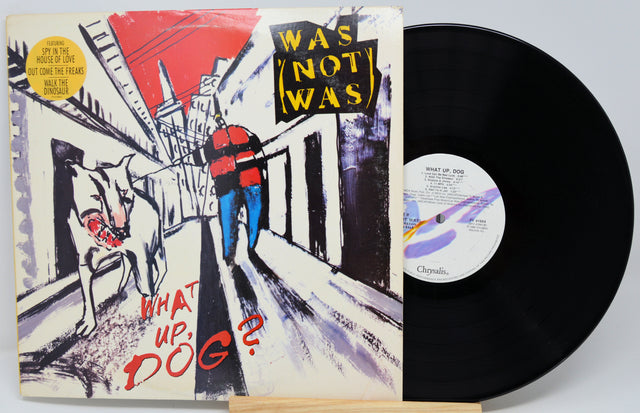A vinyl record and its illustrated album cover displayed side by side on a small wooden stand. The cover art features a stylized street scene with a person in a red jacket and blue pants standing next to a white dog, with the title 'WHAT UP, DOG?' in red text and 'WAS NOT WAS' in yellow text at the top.