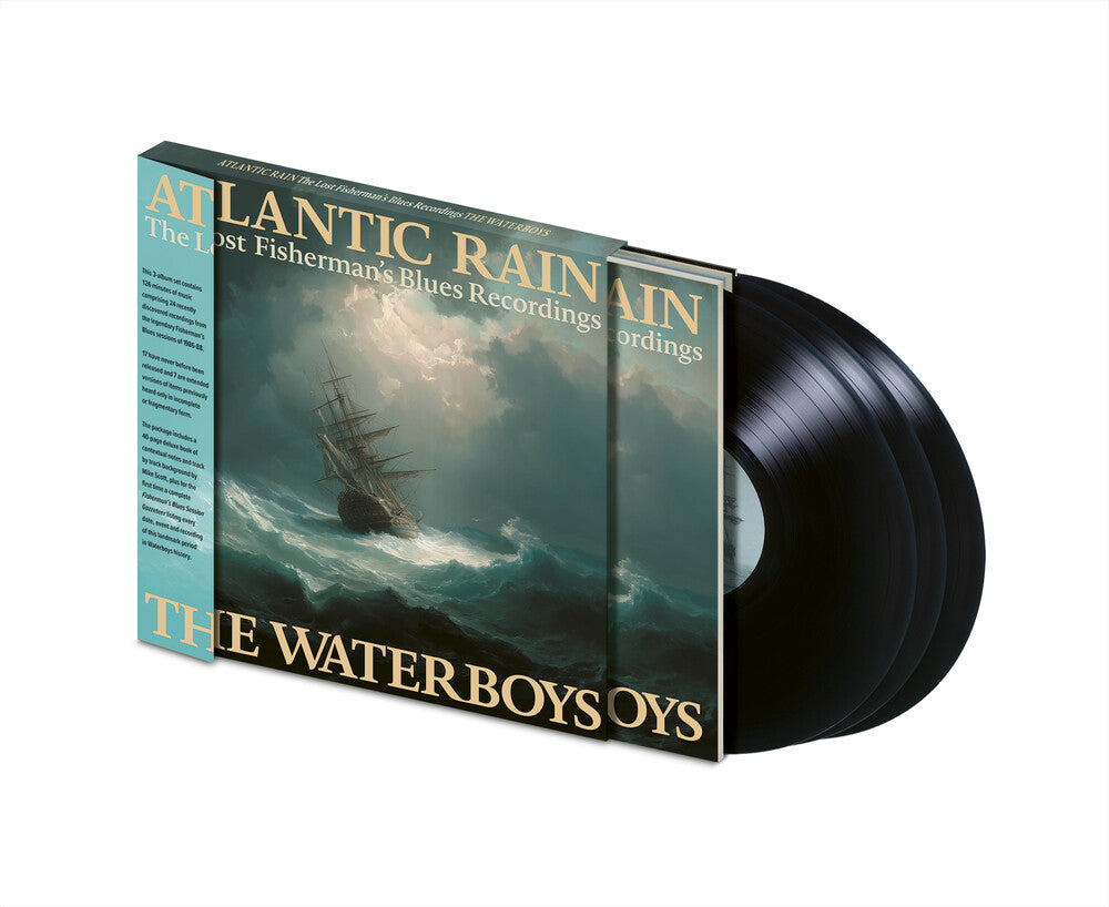 Vinyl album with cover featuring a ship on a stormy sea, titled 'Atlantic Rain: The Last Fisherman's Blues Recordings' by The Waterboys.