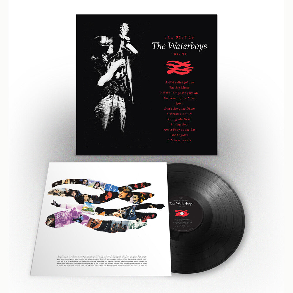 The Waterboys vinyl record album shown with the black cover, open inner sleeve, and black LP record on a light gray background.