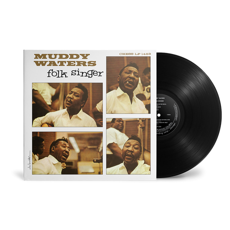Vinyl record with Muddy Waters 'Folk Singer' album cover showing a collage of images.