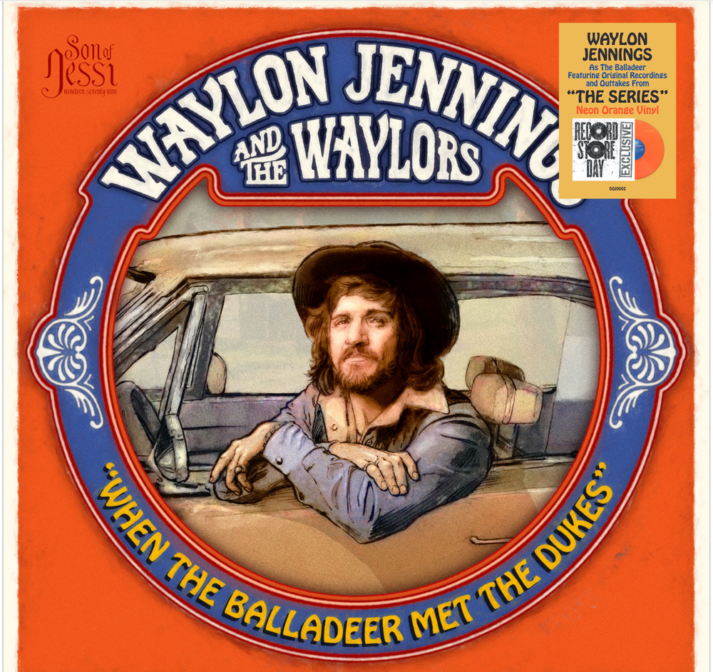 Album cover of Waylon Jennings and the Waylors' 'When the Balladeer Met the Dukes' with a portrait of Waylon Jennings.