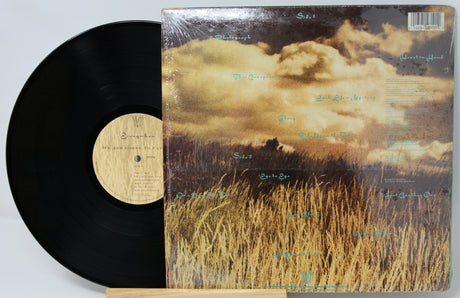 Vinyl record with a landscape cover featuring a field and clouds.