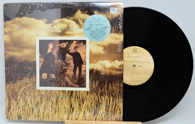 Vinyl record with a cover featuring a landscape and two people, on a white background.