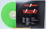 Back cover and neon green vinyl record of Black Sabbath's We Sold Our Soul for Rock 'n' Roll with track listing