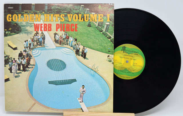 Front cover and vinyl record of Webb Pierce's Golden Hits Volume I featuring a guitar-shaped pool and crowd