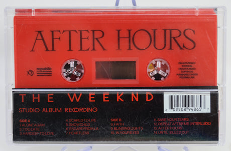 Cassette tape with 'After Hours' by The Weeknd on a clear background